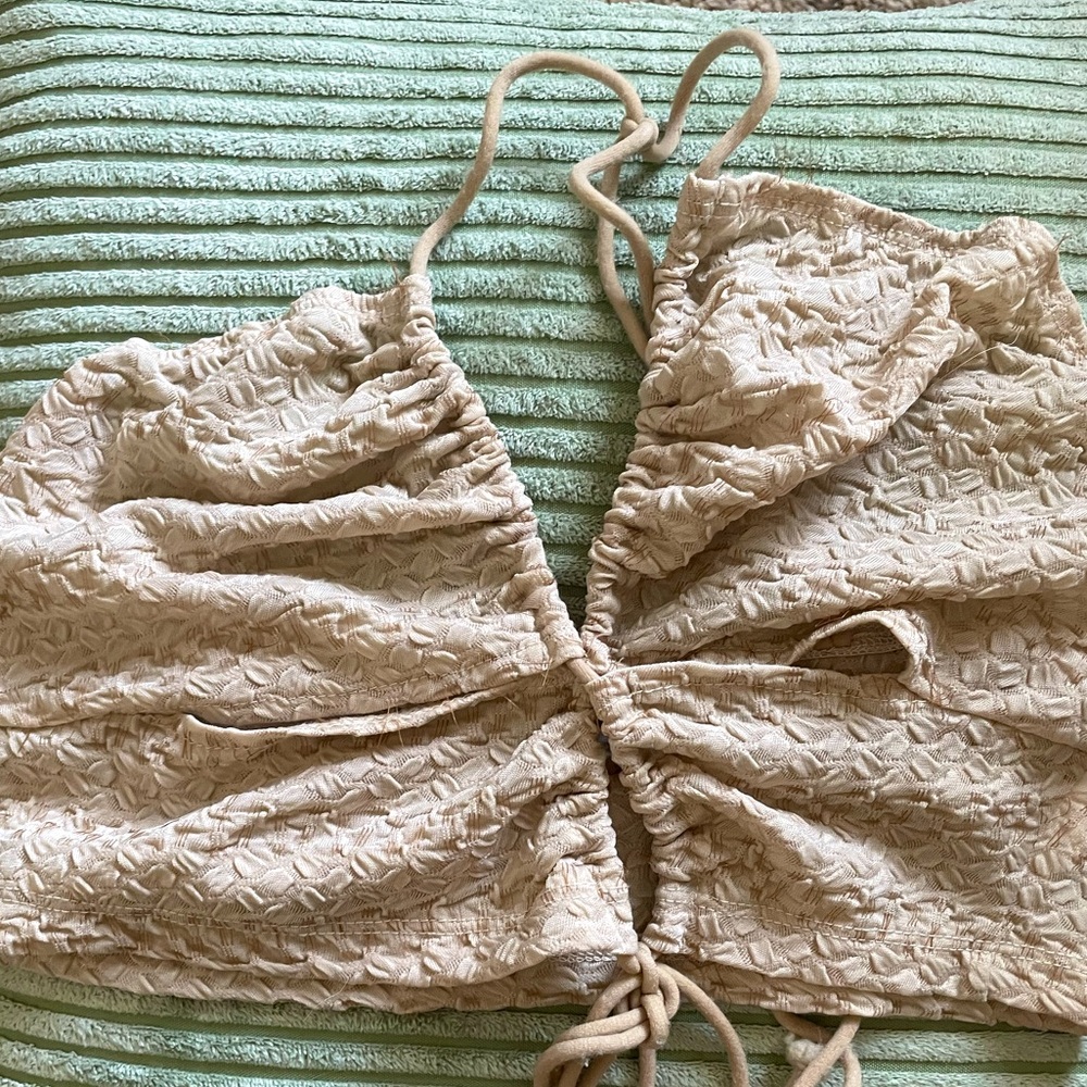 Cream One Shoulder Cut Out Crisscross Knot Front Crop Top MEDIUM